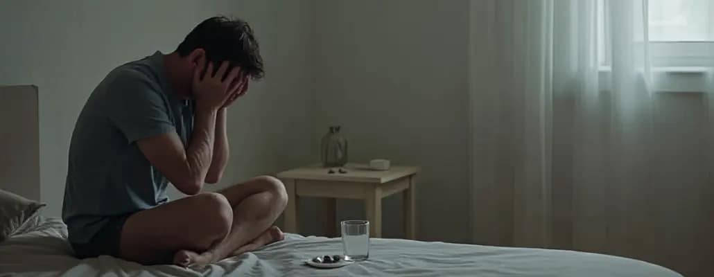 Homem sentado na cama com lençol branco de frente a uma janela com a cabeça baixa e bem depressivo