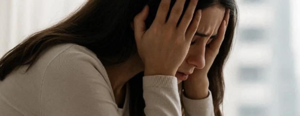 Mulher em depressão chorando com as mãos segurando sua cabeça - como acreditar em Deus fortalece e supera o trauma.