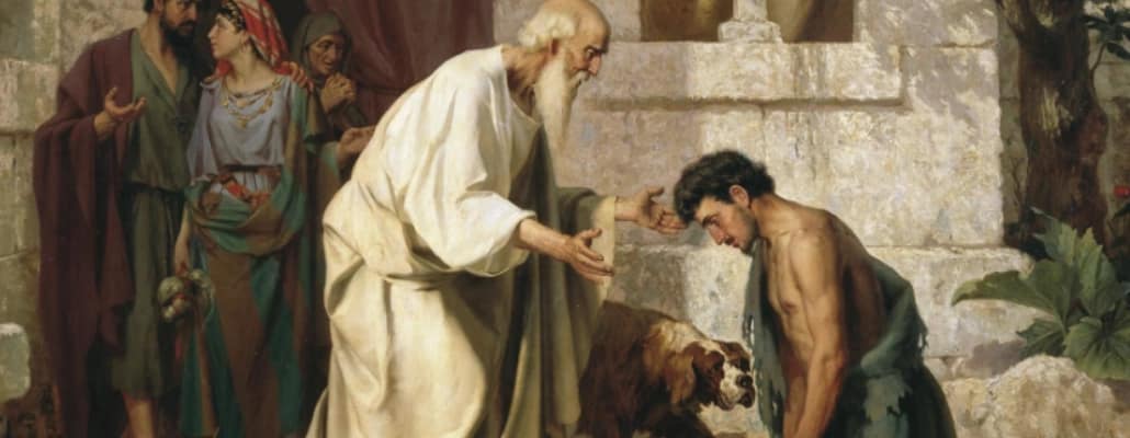 Ilustração do filho pródigo - pai perdoa seu filho perdido.