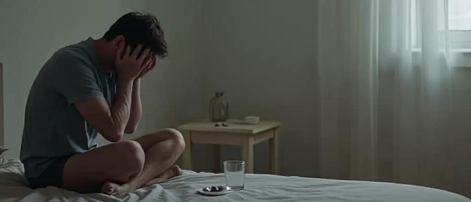 Homem sentado na cama com lençol branco de frente a uma janela com a cabeça baixa e bem depressivo