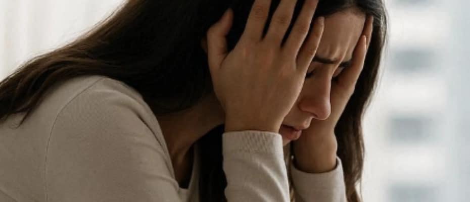 Mulher em depressão chorando com as mãos segurando sua cabeça - como acreditar em Deus fortalece e supera o trauma.